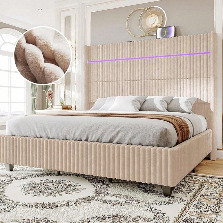 Corduroy Upholstered Platform Bed Frame With LED Lights, 60" Tall Wingback Headboard & Charging Station – No Box Spring Required - Beige - View 1