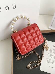 1 pieza Mini bolso de mano/bandolera de niña con solapa y perlas, de estilo plisado y a cuadros en PU, adecuado para uso diario