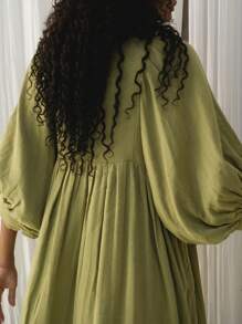 Women's Summer Loose Dress Solid Color 3/4 Sleeves Round-Neck Tie Front Long Dress - 淺綠色 - 查看 4