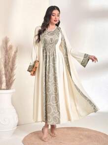 Een elegante damesvestjasjurkset, geschikt voor lente en zomer, bloemenprint, lange vest met lange mouwen, twee delen, Ramadan-vakantie, dating, vakantiekleding