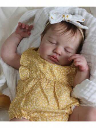 Realistic 50 CM Reborn Asleep Baby Doll With 3D-Painting Skin And Visible Veins, 20 Inch Soft Vinyl Newborn Bebe With Cloth Body Lovely Dress Up Toy (Some Parts Random, Including Pacifier, Hair Accessories, Bottle, Diaper And Clothes Set)