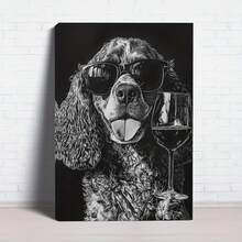 1pc Framed Black And White Canvas Art Print - Cocker Spaniel With Fashion Glasses And Wine Glass, Vintage Style Wall Decor, Holiday Gift, Ready To Hang, Dog Decor - 彩色 - 查看 1