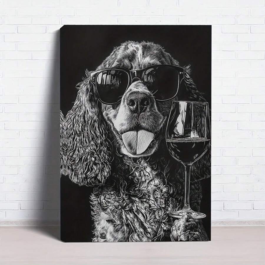 1pc Framed Black And White Canvas Art Print - Cocker Spaniel With Fashion Glasses And Wine Glass, Vintage Style Wall Decor, Holiday Gift, Ready To Hang, Dog Decor - 彩色 - 查看 1