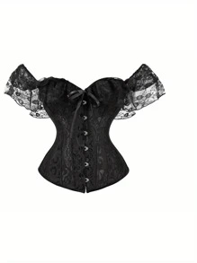Women Short Sleeve Corset, Solid Color Tie-Up Boat Neck Close-Fitting Crop Tops - màu đen - Xem 1