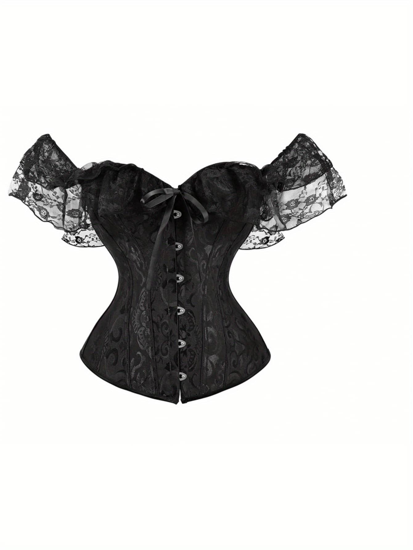 Women Short Sleeve Corset, Solid Color Tie-Up Boat Neck Close-Fitting Crop Tops - màu đen - Xem 1