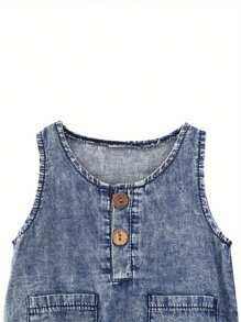 Toddler Summer Playsuits, Baby Denim Blue O-Neck Sleeveless Button Open Rompers For Girls, Boys, 0-12 Months - Màu xanh lam - Xem 2