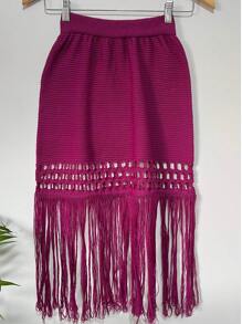 Skirt Knitted Beach Cover-Up With Fringes And Detail On The Hem. - 玫瑰紅 - 查看 2