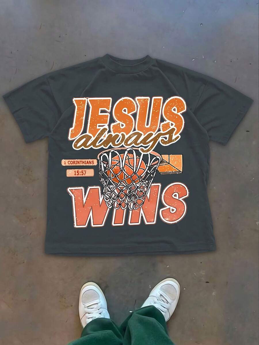 WITH JESUS, WE ALWAYS WIN, PRAISE THE LORD! BASKETBALL, Men's Graphic Tees, Cotton Streetwear T-Shirt, Round Neck, Loose Fit, Fall & Holiday Travel, Unisex, Goth & Y2K Style - 軍綠色 - 查看 1