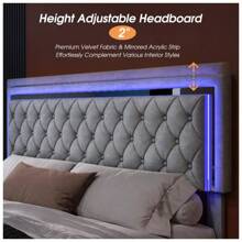 Velvet Upholstered Platform Bed Frame With LED Lights And Storage Drawers – No Box Spring Needed, Easy Assembly - Light Grey - View 7