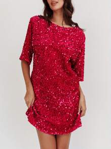 Women's Sequin Dress Casual Loose Sparkly Round Neck Short Sleeve Open Back Tie-Up Mini T-Shirt Dress For Party Club