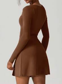 Women Plus Size Slim Fit Short Dress Solid Color Long Sleeve Square Neck Split Hem Party Dress