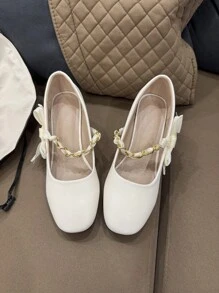 Teens' Square Toe Heeled Shoes, Fashionable, Elegant, Comfortable Soft Material, Ribbon & Pearl Design, Basic Style Suitable For Various Occasions - Beige - View 6