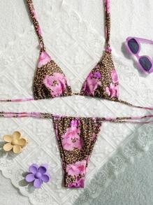 Conjunto de Bikini Triángulo Seductor para Mujer, Estampado Floral Animal Elegante para Vacaciones de Verano en la Playa de Mujer