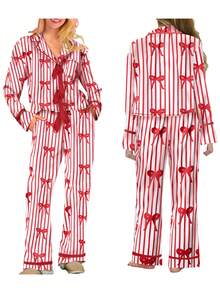 Conjunto de pijama para mujer con estampado de lazo/corazón, blusa de manga larga con lazo y pantalones largos - Rojo - Ver 4