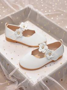 女童时尚小白鞋女孩花朵小皮鞋平底圆头单鞋秋冬季学院小鞋子 - 白色 - 查看 3