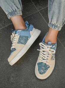 男士复古油画图案系带休闲运动鞋，青少年随机印花防滑透气帆布鞋，百搭