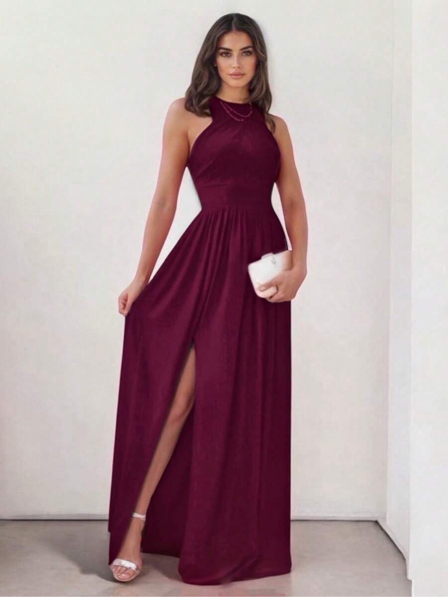 Sophisticated Off-The-Shoulder Long Dress With Leg Slit - 中紫紅色 - 查看 1