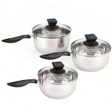 3 Pan Set Stainless Steel Saucepans Cookware Cooking Pots & Glass Lids & Handles - Silver - View 8