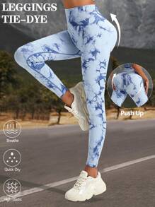Summer Workout Women's Outdoor High Waist Tie-Dye Print Skinny Leggings, Butt Lifting Sports Fitness Cycling Yoga Pants, Light Blue, Slim Fit - Baby Blue - View 1