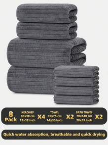 8pcs Set [4 Handkerchiefs + 2 Towels + 2 Bath Towels] Coral Fleece Striped Hand Towel, Face Towel, Bath Towel Bath Set, Lightweight, Skin-Friendly, Highly Absorbent, Suitable For Bathing, Face Washing, Traveling, Camping, Salons, Etc. Summer,Holiday