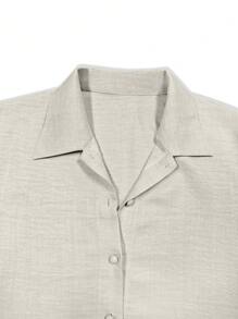 Women 2Pcs Set Elegant Commuter Outfit Beige Short Puff Sleeve Button Top & Solid Color Pants, Spring/Summer - Light Grey - View 6