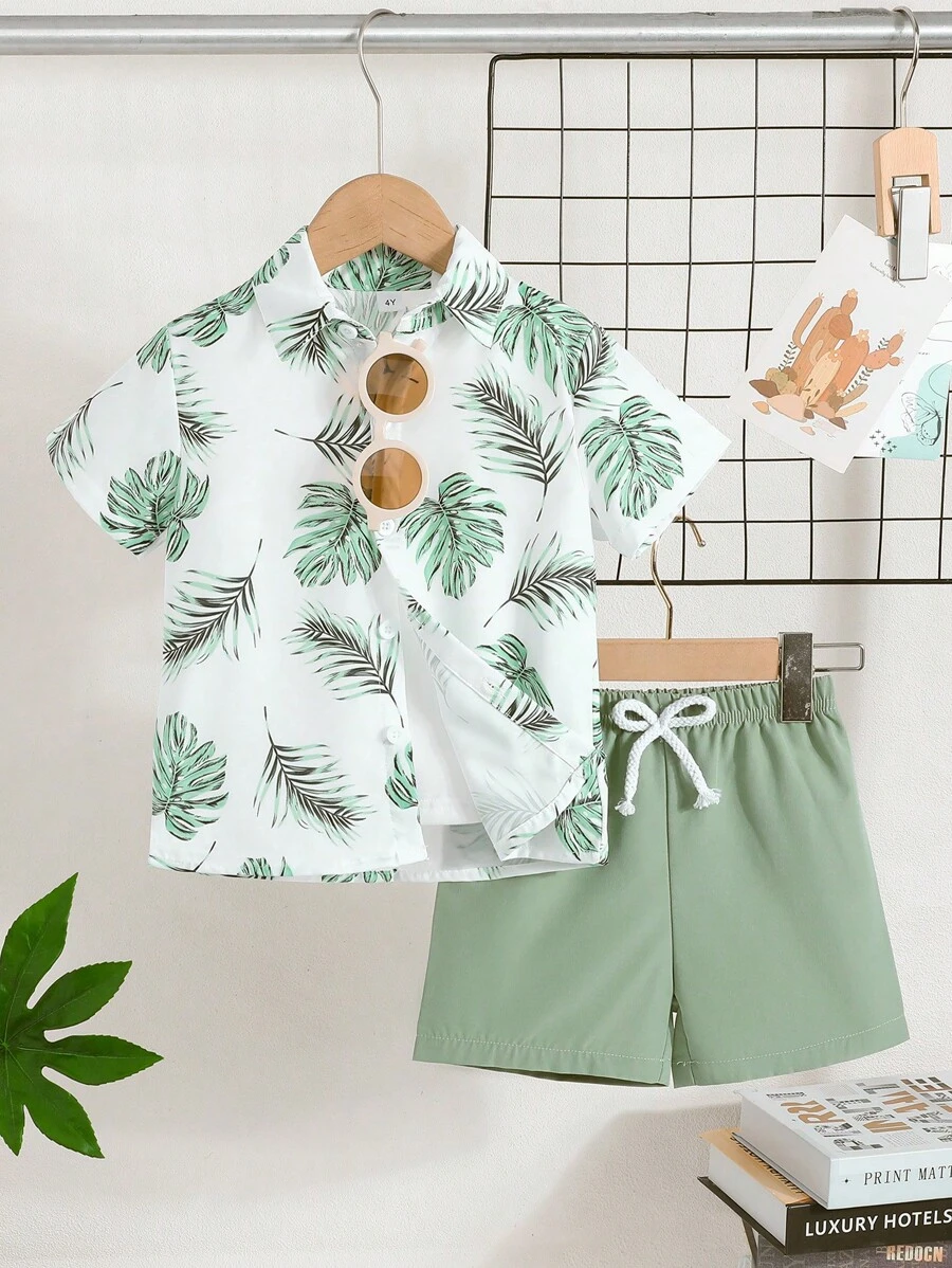 Bộ 2 món/Bộ áo sơ mi in hình lá mùa hè cho bé trai + quần short, trang phục dã ngoại phong cách thường ngày cho trường học - màu xanh lá - Xem 1