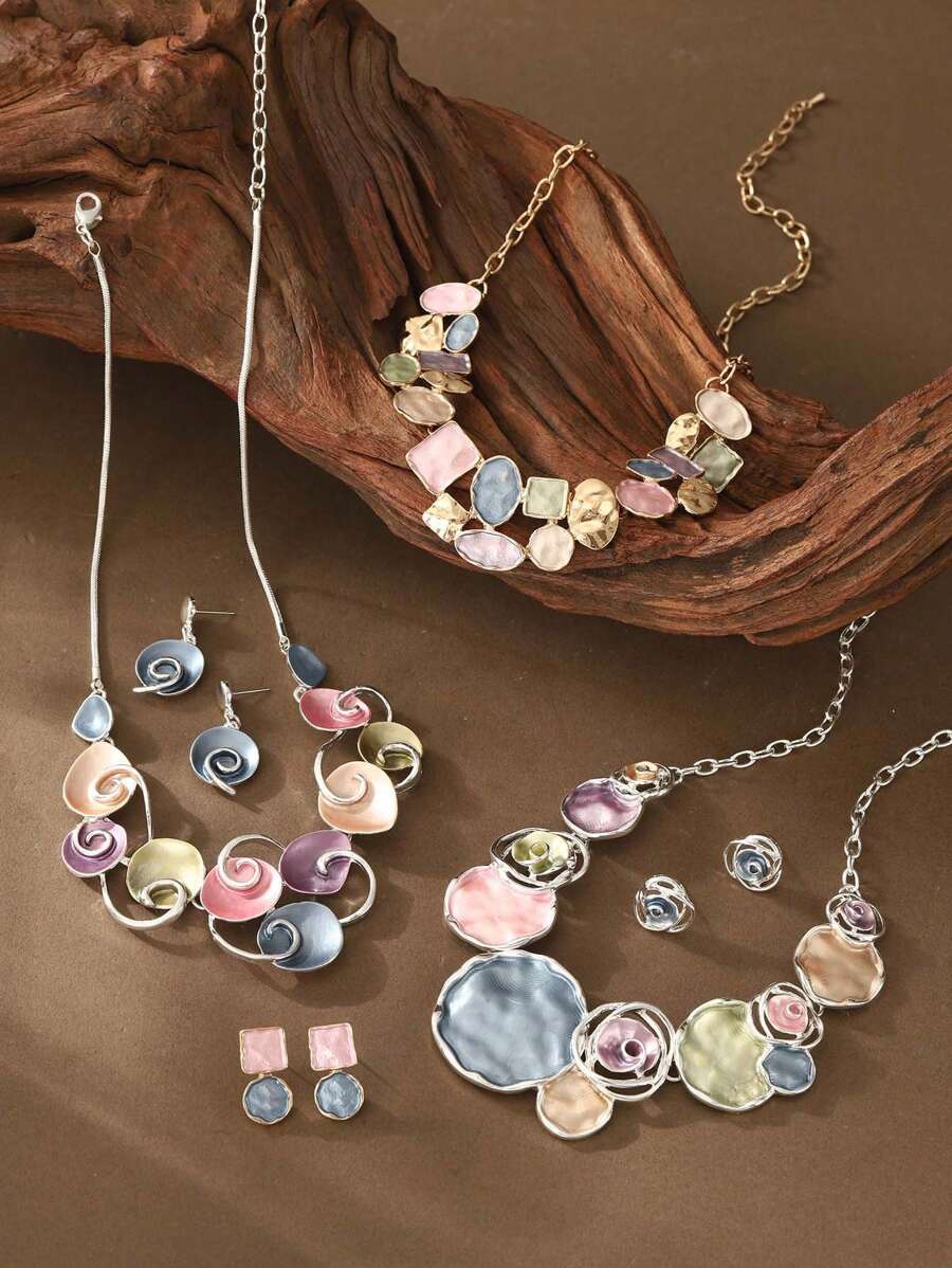 1 Set de 2 piezas Conjunto de joyería elegante y vintage de flores geométricas de aleación de zinc esmaltadas y coloridas, que incluye collar colgante y pendientes, adecuado para uso diario, fiestas, citas, vacaciones y como regalo para mujeres