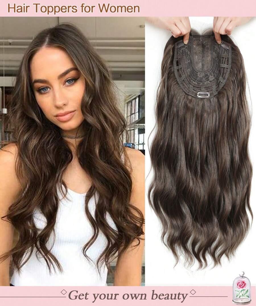 20" Wavy Hair Topper To Add Hair Volume 6.5"X6.5" Base Size Hair Toppers For Women Synthetic Hair Pieces For Women With Thinning Hair Wavy Clip In Hair Extensions - 咖啡棕 - 查看 1