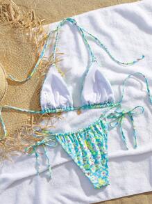 全新柔软印花前部金属装饰细肩带露背海滩派对比基尼套装，优雅女士夏季海滩时尚泳装