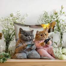 1pc 17.7*17.7 Inch (45*45cm) Couple Cat Playing Game Print Polyester Pillow Cover [Single-Sided Print][Pillow Inner Not Included], Suitable For Home Decor, Sofa, Bed, Car, Etc.