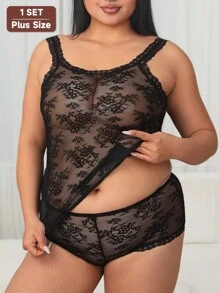 2 piezas Conjunto de lencería sexy de encaje francés talla grande para mujeres, blusa transparente de malla + shorts