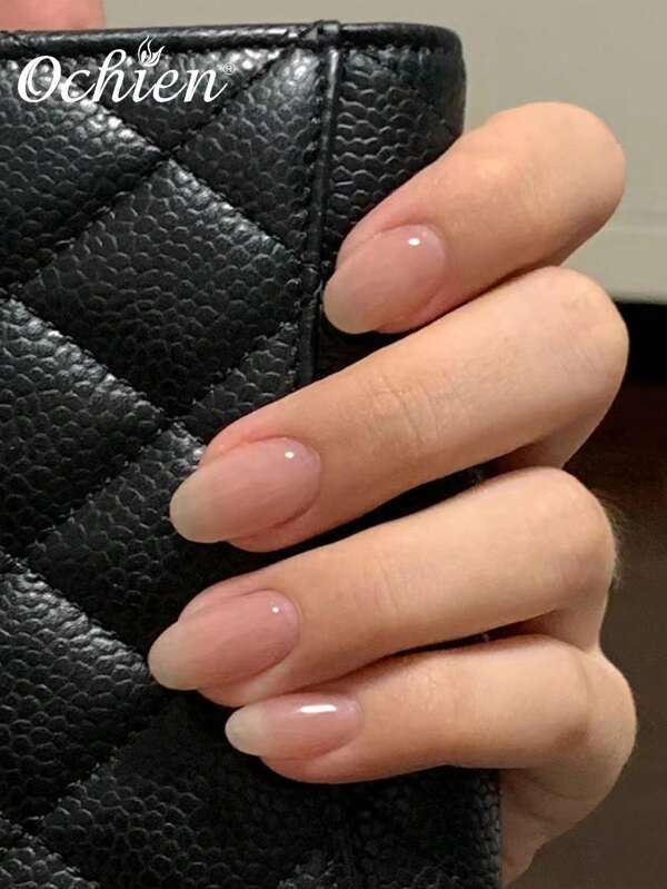 24pcs Short Oval-Shaped Press-On Nails, Nude Solid Color Fake Nails Set With 1pc Jelly Glue And 1pc Nail File