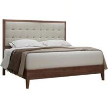 Wood Platform Bed Frame With Upholstered Tufted Headboard – Solid Wood Construction, No Box Spring Required - 核桃 - 查看 11