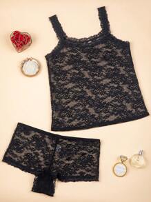 2 piezas Conjunto de lencería sexy de encaje francés talla grande para mujeres, blusa transparente de malla + shorts