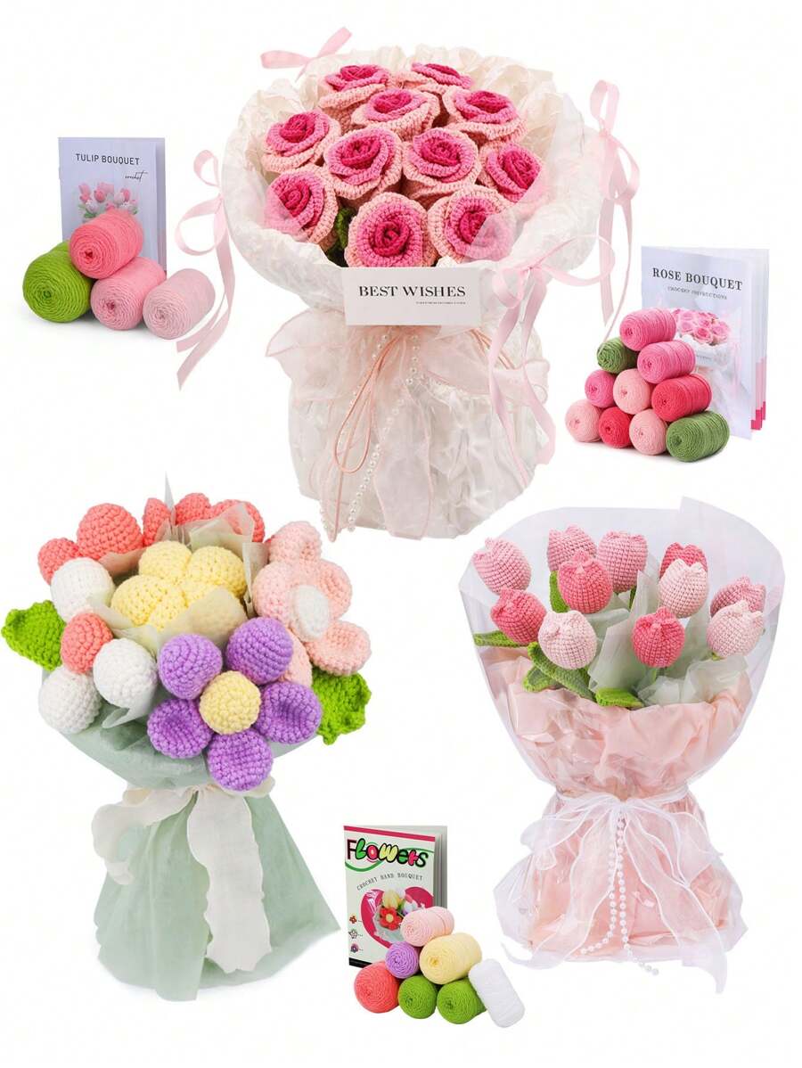 1 Set Crochet Flower Bouquet Craft Kit For Beginners, Handmade Rose Flower Yarn Arts & Crafts, DIY Knitting Materials Pack With Basic Accessories And Instructions, Holiday Gift