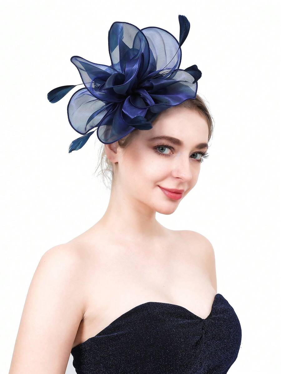 女士茶会头饰，配有丝带和发夹 - 藏蓝色 - 查看 1