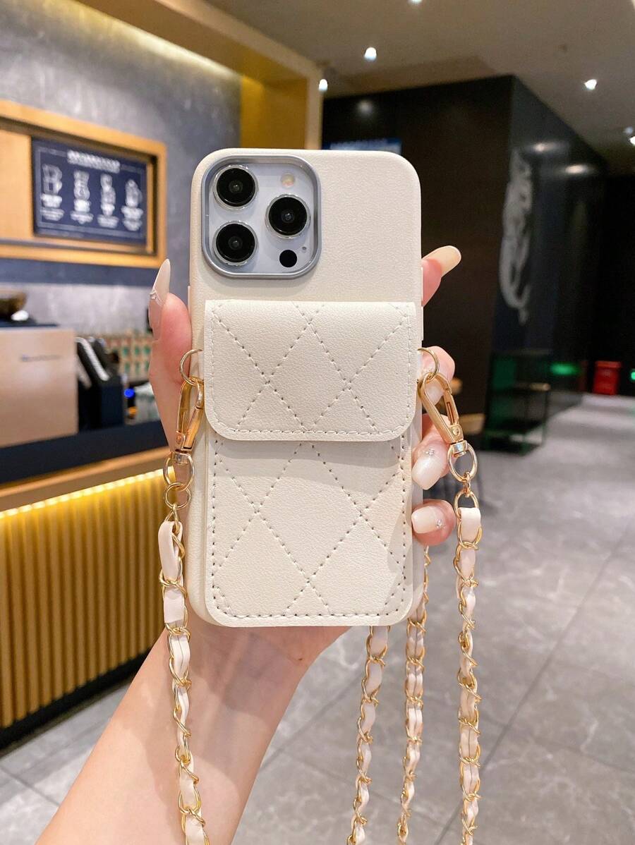 1pc Fashion Chain Strap Shoulder/Crossbody Handbag + 1pc Black Leather-Texture Card Holder & Shockproof Phone Case Compatible With Apple/Compatible With Redmi/Mi/Compatible With OPPO/Compatible With VIVO/ Waterproof Anti-Fall Scratch Resistant,International Version, Not The Domestic Version - Beige - View 1