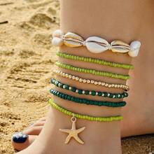 1 Set Nuevo diseño de tobillera versátil con estrella de mar y cadena de conchas, set de accesorios de alta gama para mujeres