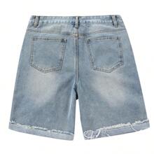 Men's Skull Print Ripped Washed Vintage Denim Bermuda Shorts Jorts, Emo Style