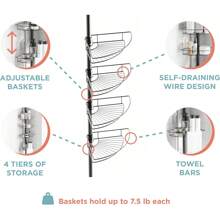 Tension Pole Shower Caddy With 4 Basket Shelves With Towel Bars, Matte Black, 60-97 Inch – Rust-Resistant Corner Shower Organizer – Adjustable Bathroom Shower Rack For Bath Essentials