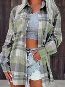 Plus 女士格子纽扣长袖衬衫