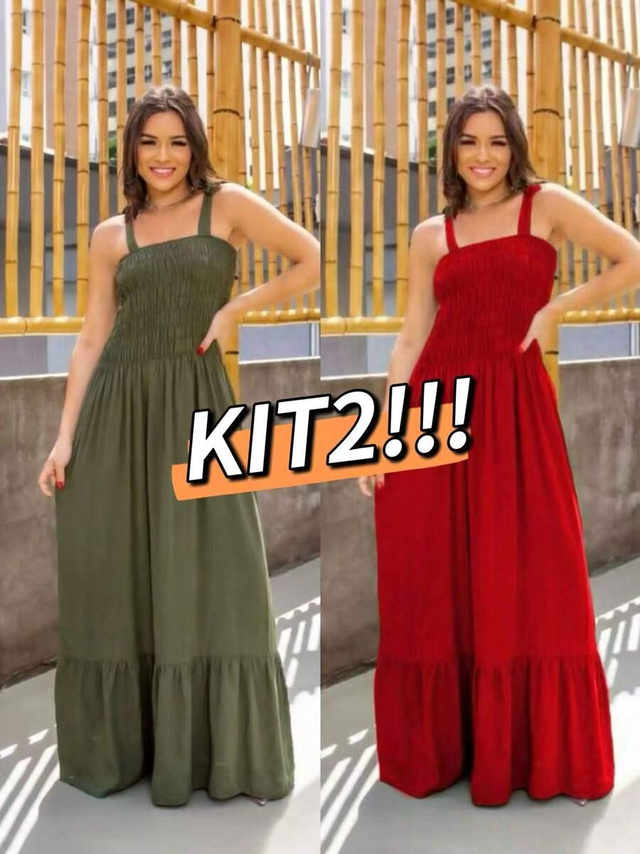Kit 2 Women's Long Lastex Dresses With Straps And Tie Straps - XANH QUÂN SỰ+đỏ - Xem 1