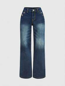 Plus Size Women Loose Casual Versatile Denim Jeans With Pockets - Rửa tối - Xem 6