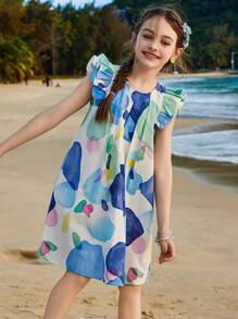 ASK JUNIOR Vestido de playa sin mangas con estampado integral para niñas preadolescentes