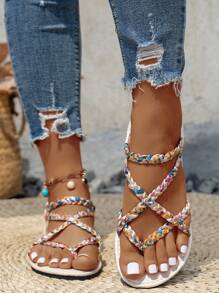 Nieuwe platte teenring ronde teen zomer plus size slip-on geweven sandalen, casual en modieuze Europese stijl