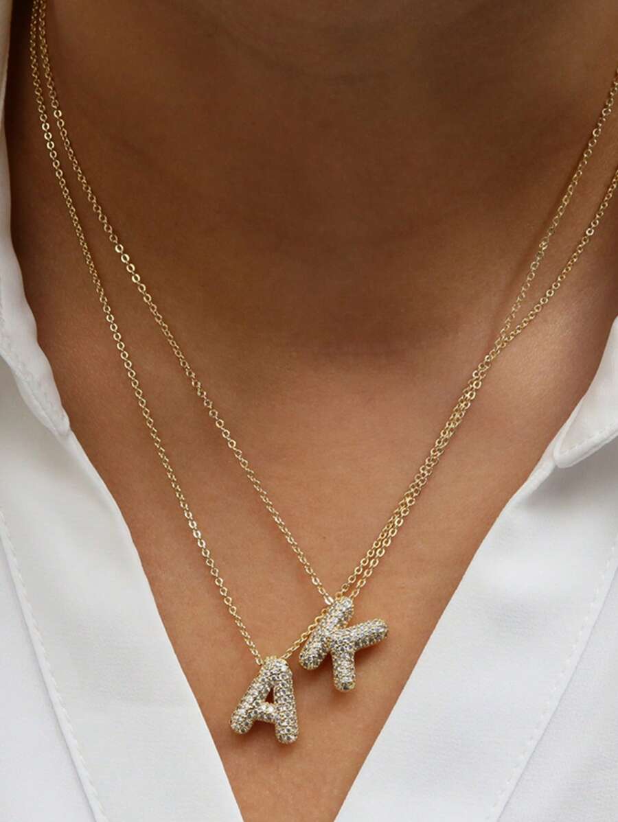 MECYLIFE 1pc Chunky Micro-Inlaid Zirconia Bubble Letter Necklace, 26 Letters Pendant - Gold - View 1