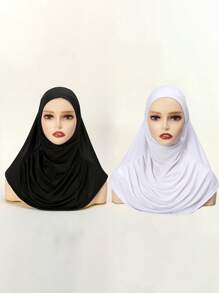 2pcs Women Solid Color Instant Hijab Set, Prayer Casual Pleated Headscarf Combination, Multi-Color Options, Practical Headscarf, Tudong, Instant Long Khimar Hijab, Suitable For Daily Wear All Seasons