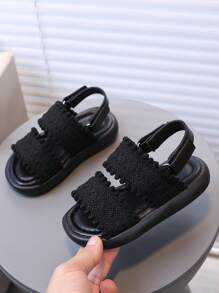 1 Pair Baby Girls Open Toe Flat Sandals, Black Summer Shoes