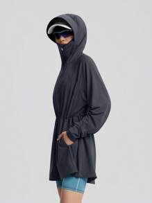 TECTOP 女士户外防晒连帽衫，UPF200+，中长款，抽绳腰带，透气凉爽，春夏款 - 灰色 - 查看 7