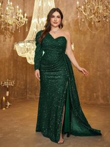 UNITHORSE Plus Size Asymmetrical Neck Princess Sleeve High Slit Ruched Maxi Party Sequins Dress, Wedding Guest Dress, Formal Dress, Evening Dress - Dark Green - View 3